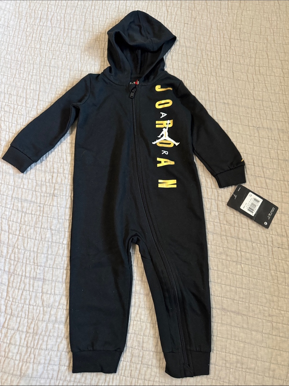 Jordan Black Hooded Baby One-Piece with Gold Logo